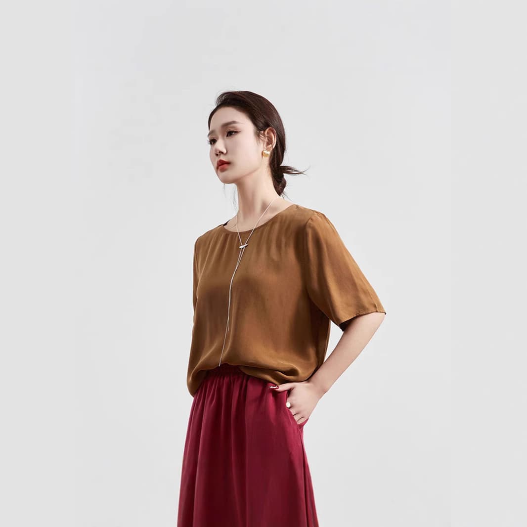 Women's Loose Fit Short Sleeve Silk Crew Neck T-Shirt Copper Ammonia Fabric round Neck Simple Design New Style Gridded Pattern