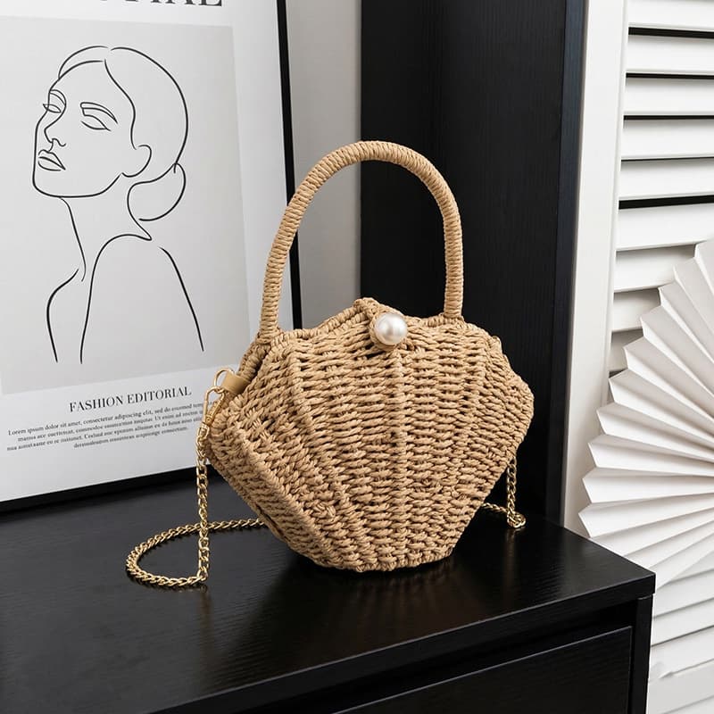 Handwoven Rattan Shell Handbag Personalized Trendy Crossbody Bag Fresh Pearl Bag Straw Woven Rattan Women's Bag
