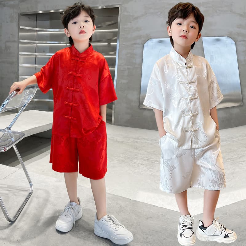 Boys' Chinese Style Fashionable Tang Suit Summer New Product Tang Suit Dragon Coil Buttons National Style Set Drop Shipping