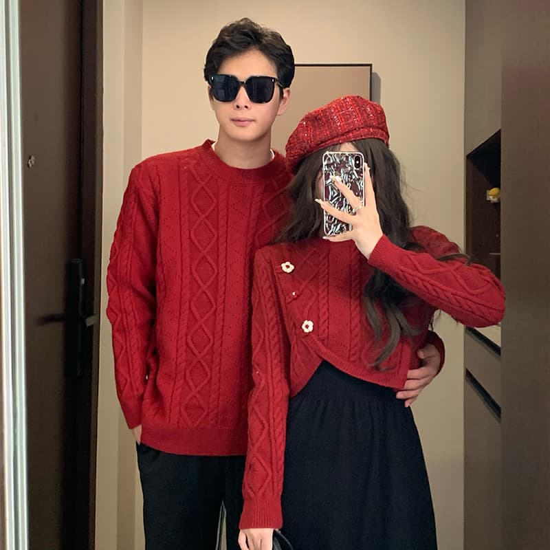 Red Couple Outfit Little Chanel Style Set Vintage Knit Sweater Dress Women's Complete Autumn Winter Ensemble