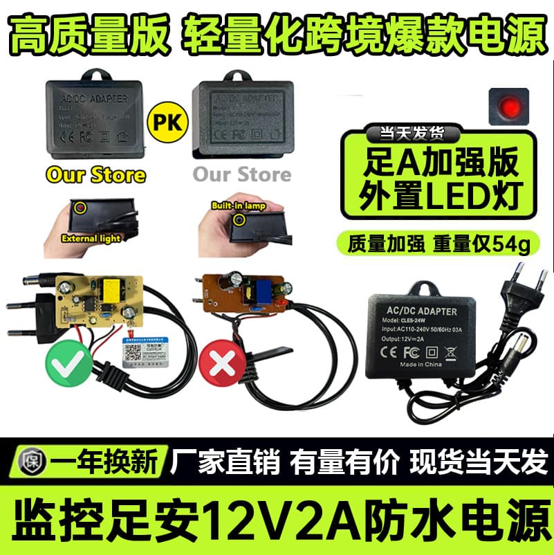 High-quality 12V 2A surveillance power supply, dedicated accessory for indoor and outdoor cameras, transformer adapter with light.