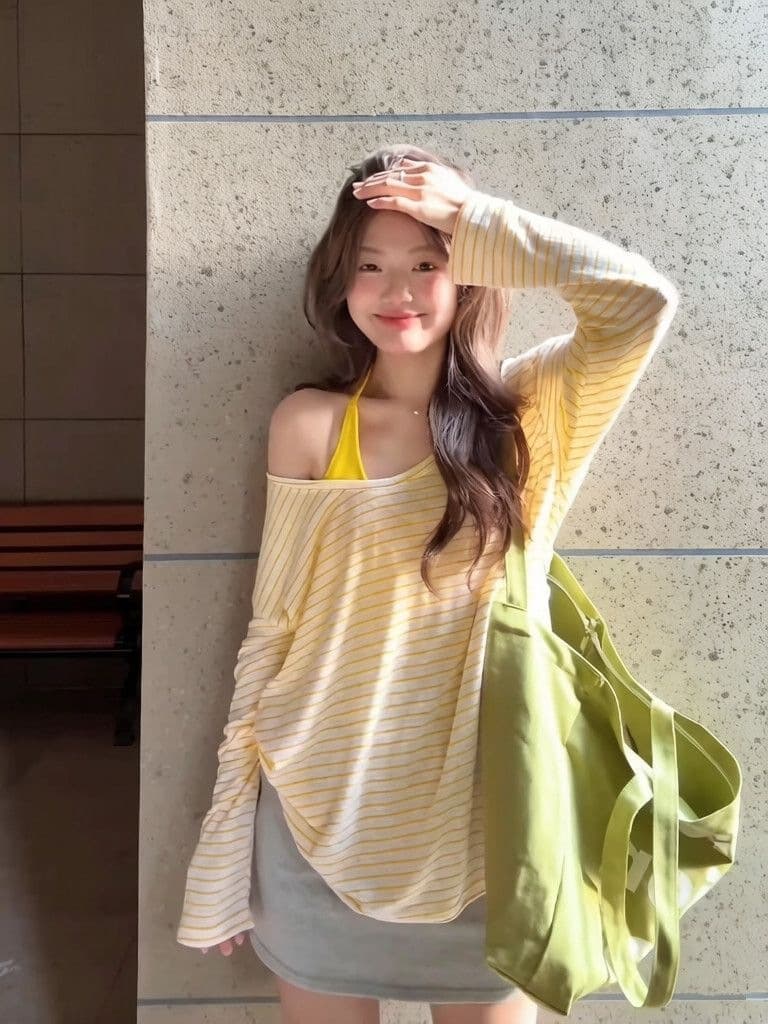Summer Sun Protection Top with Thin Padded Bra, Striped Korean Style Two-Piece Set, Blouse, T-Shirt, Yellow, New