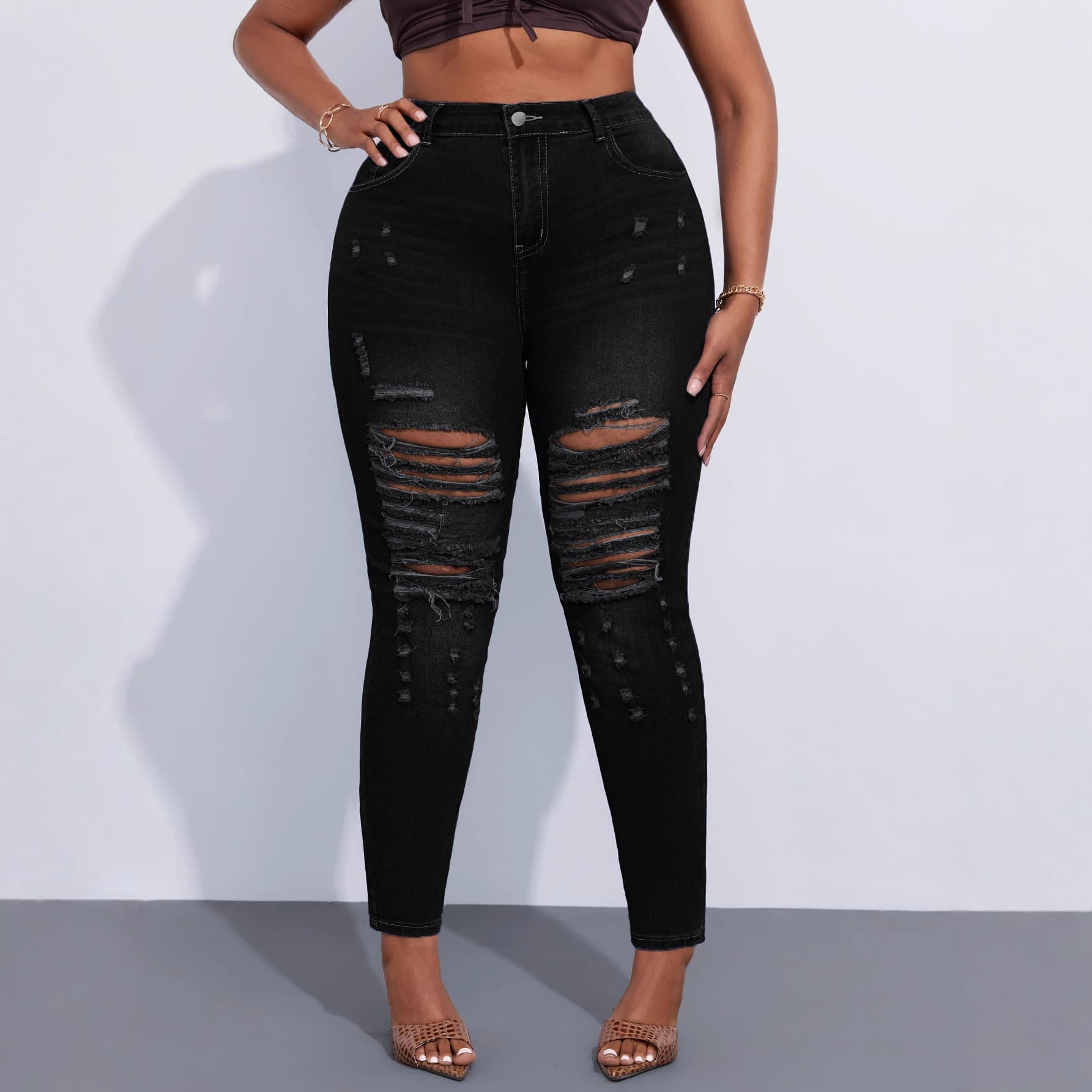 [Clearance] Cross-border spot large size denim black ripped skinny pants fat girl tights TEMU Amazon TK