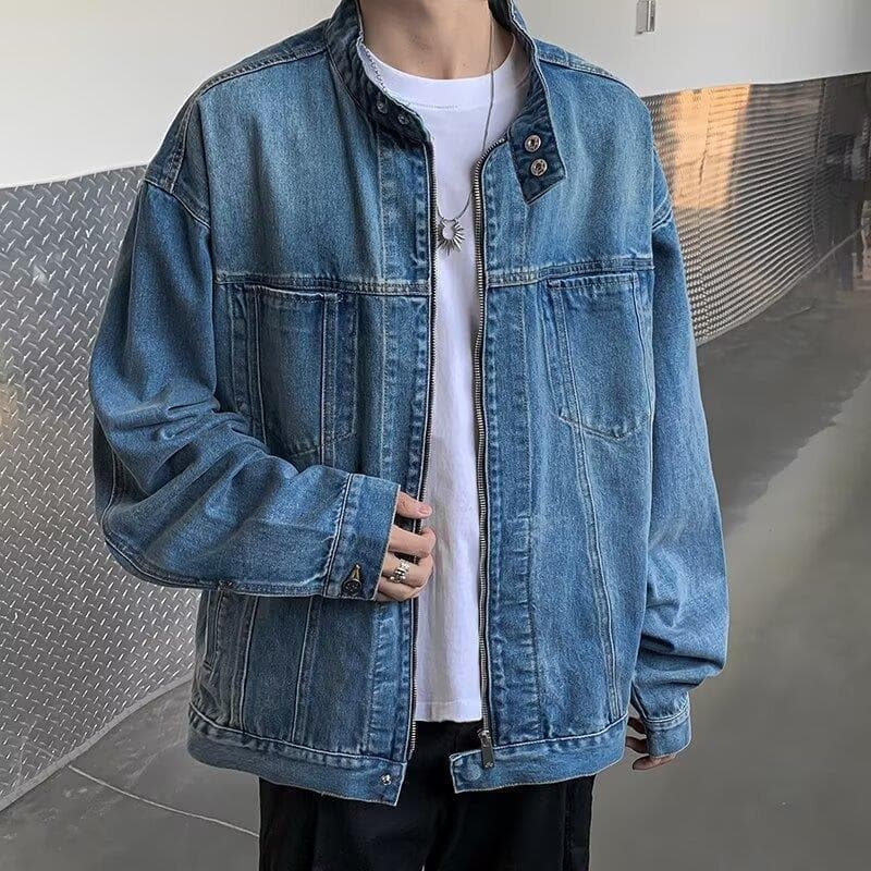 Vintage Retro American Motorcycle Zip Denim Jacket for Men Spring Autumn Loose Streetwear High-Street Stand Collar Coat