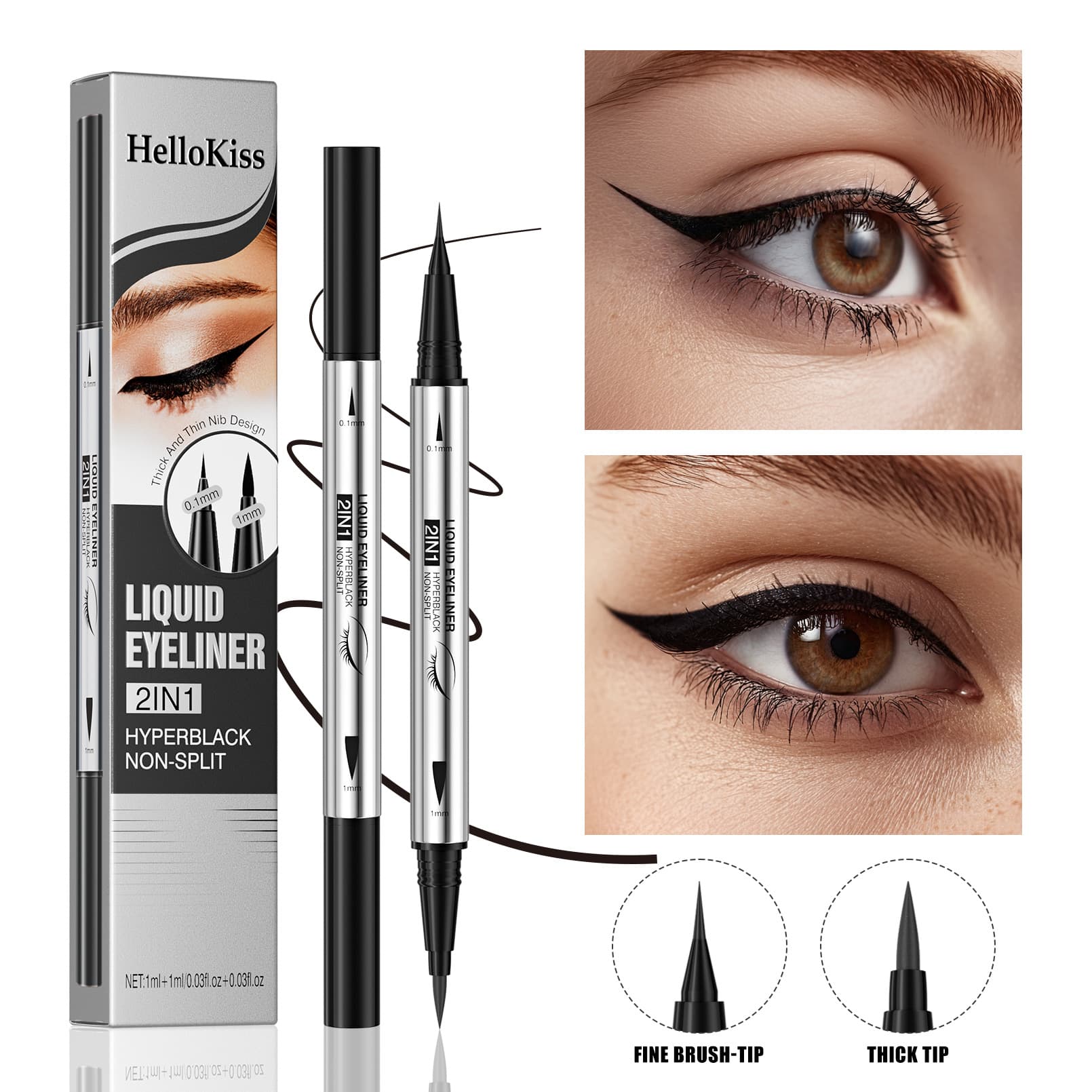 Amazon TK hot-selling Hellokiss double-ended eyeliner waterproof, sweat-proof and non-smudge 2in1 ultra-fine eyeliner
