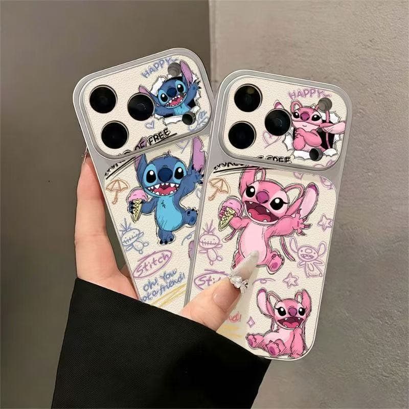 Couple Stitch suitable for Apple 17Promax mobile phone case iphone16 large window lychee skin pattern 15 cross-border