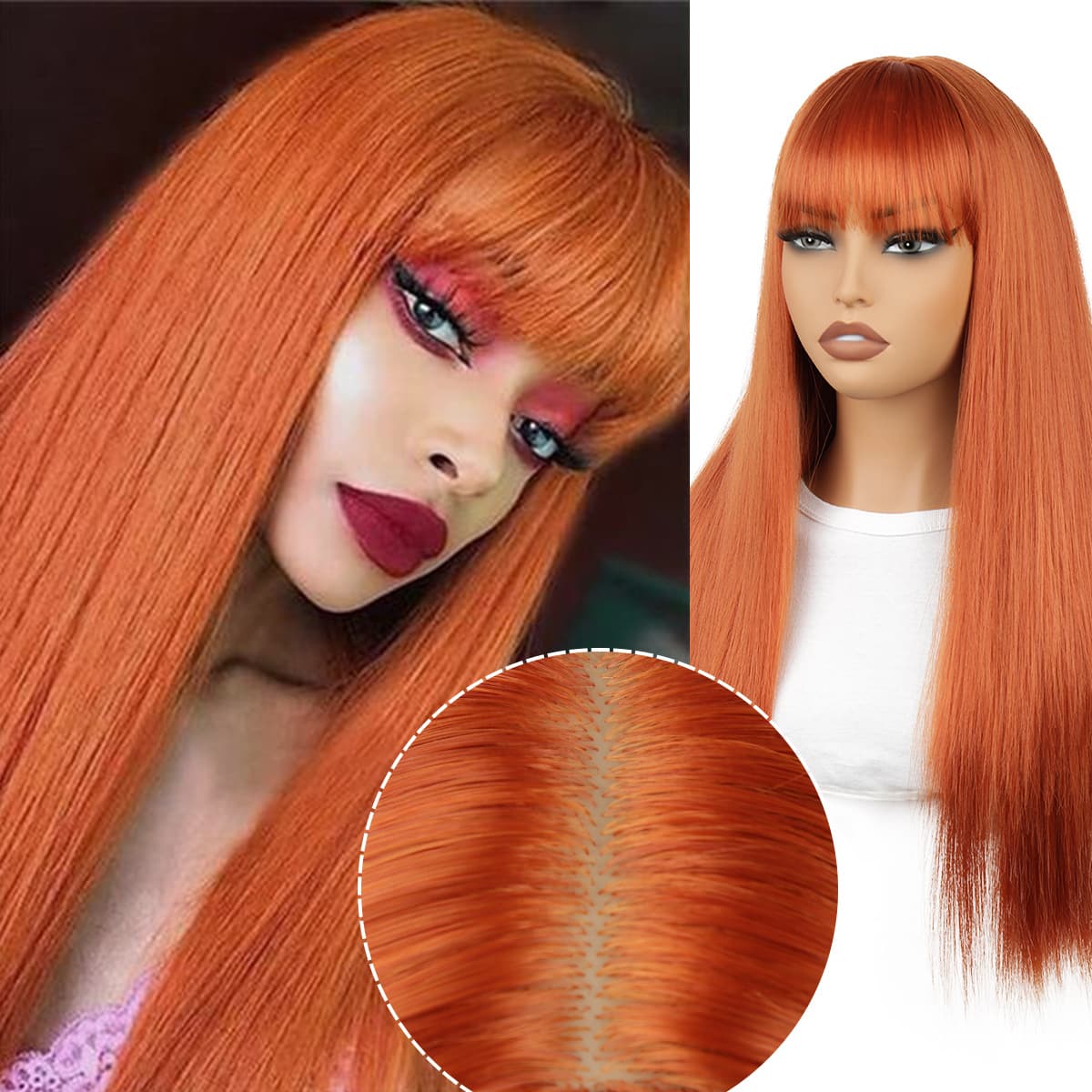 Cross-border Amazon Hot Orange Wig Women's Long Straight Hair with Straight Bangs cos Chemical Fiber Full Head Cover Xuchang Wig wig