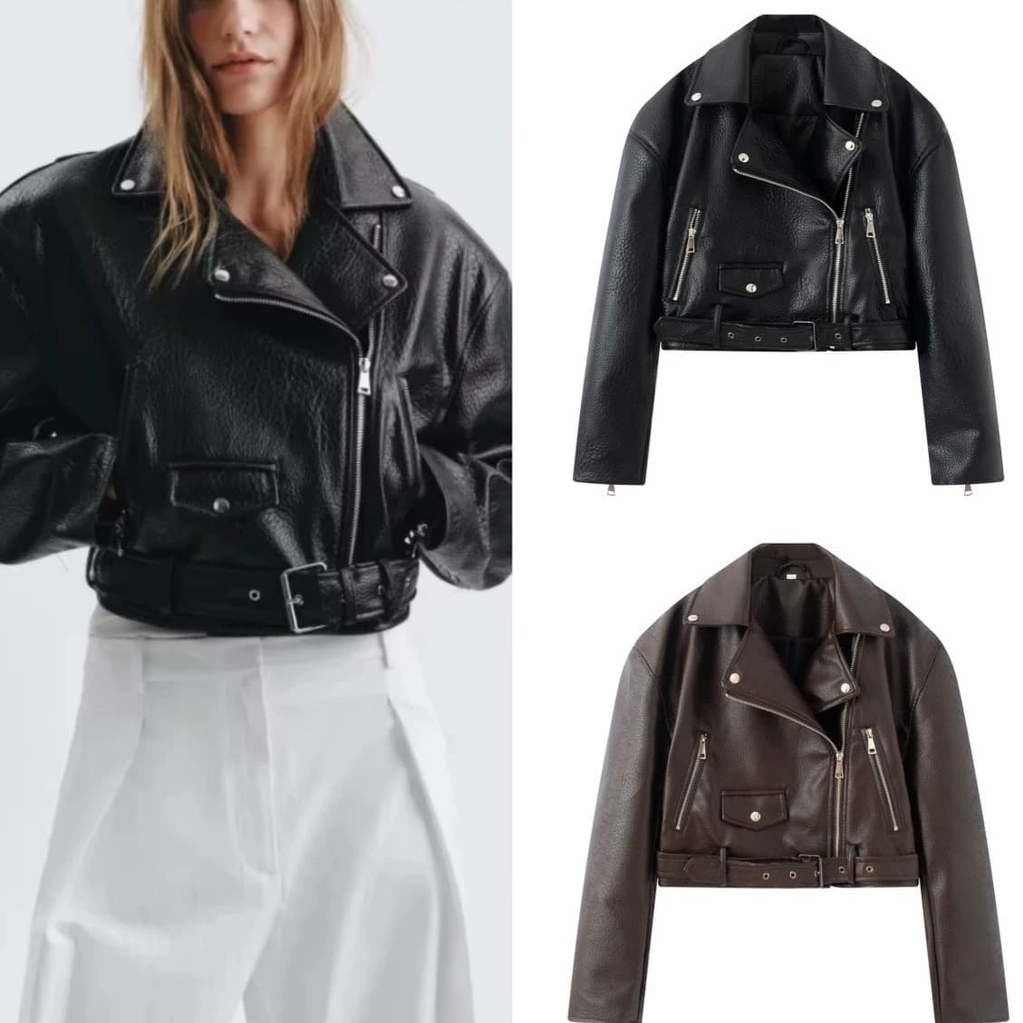 Wholesale 2026 new women's French double-breasted zipper long-sleeved lapel solid color PU imitation leather motorcycle jacket