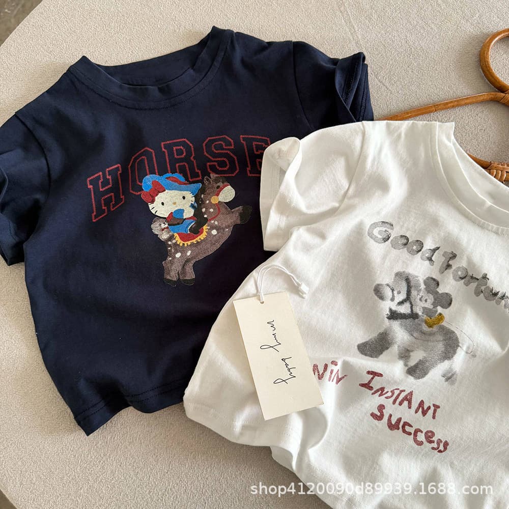 Wholesale Pure Cotton Kids Short Sleeve Cartoon T-Shirt Girls Summer Loose Top Boys Summer Clothes Baby Children Apparel