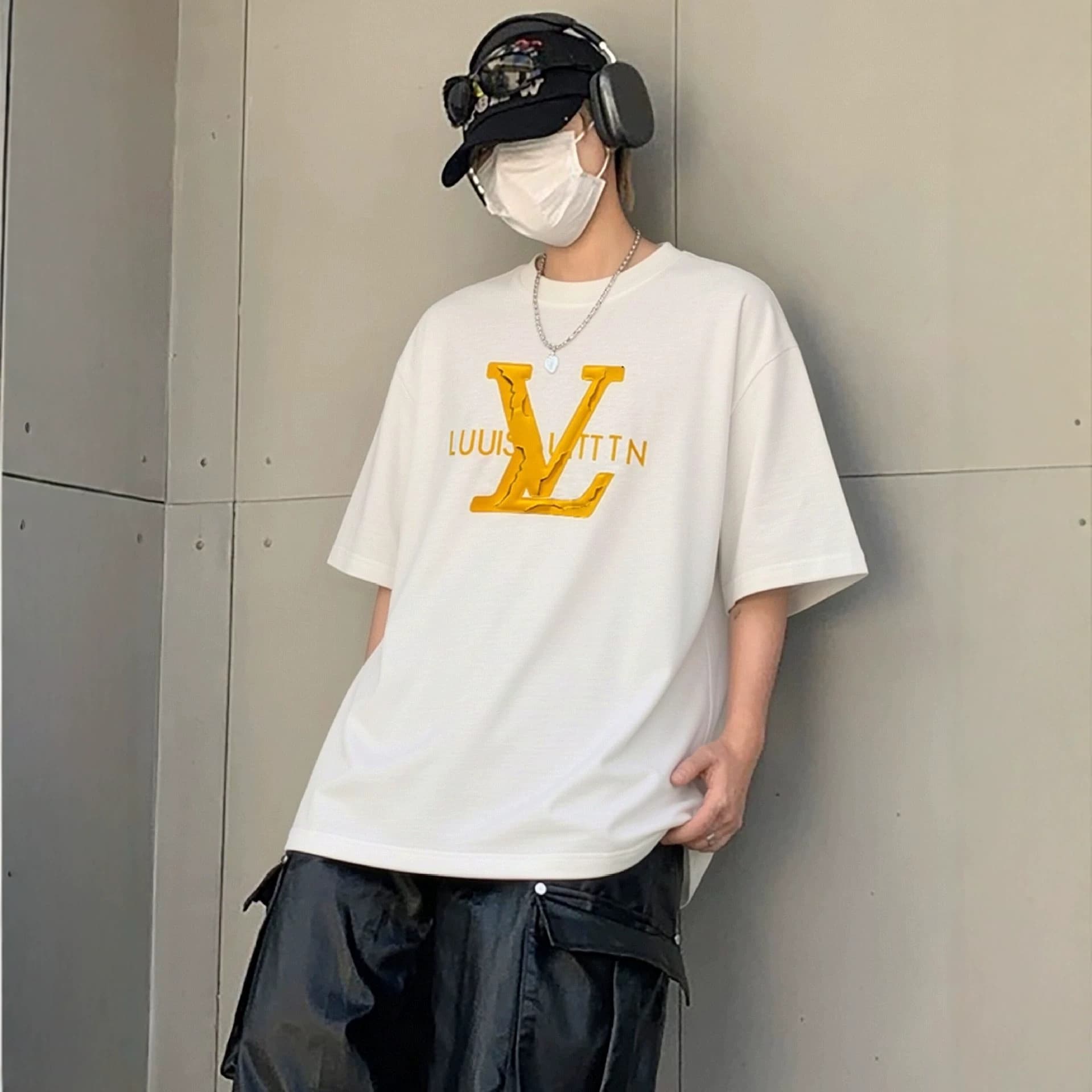 Cross-border Lvjia men's short-sleeved T-shirt silicone letter hot-printed half-sleeved T-shirt round neck loose trendy brand Ljia pure cotton T-shirt