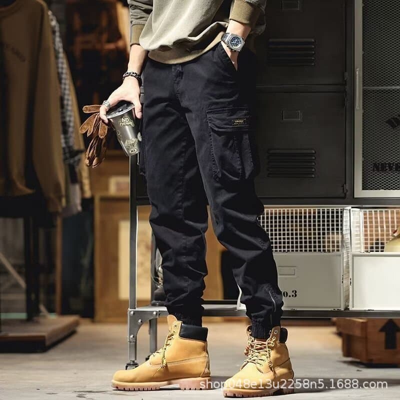 American motorcycle overalls for men, spring and autumn trendy brand slim-fitting leggings for men, retro multi-pocket casual pants