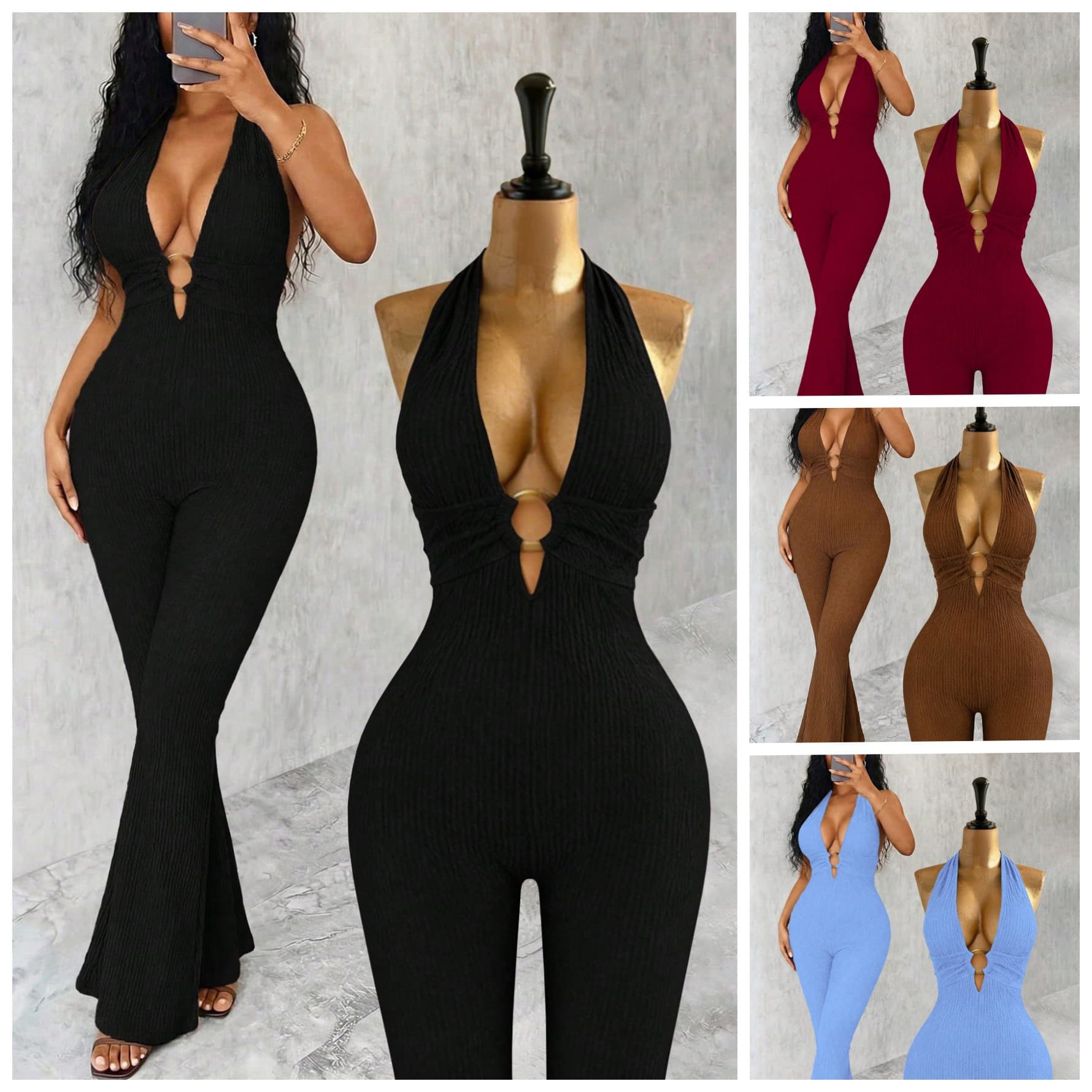 European and American Amazon cross-border women's halter neck sleeveless ring hollow slimming jumpsuit European and American style jumpsuit