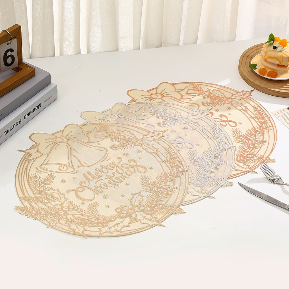 Cross-Border Hot Selling Christmas Bell Placemats Coasters Gold Foil Non-Slip Heat Insulation Table Mats Waterproof Dining Table Mats Factory Direct