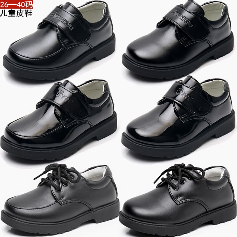 Children's leather shoes for boys, black, shiny, with buckles, suitable for school, casual wear, etiquette performances, flag-raising ceremonies, and round-toe shoes.