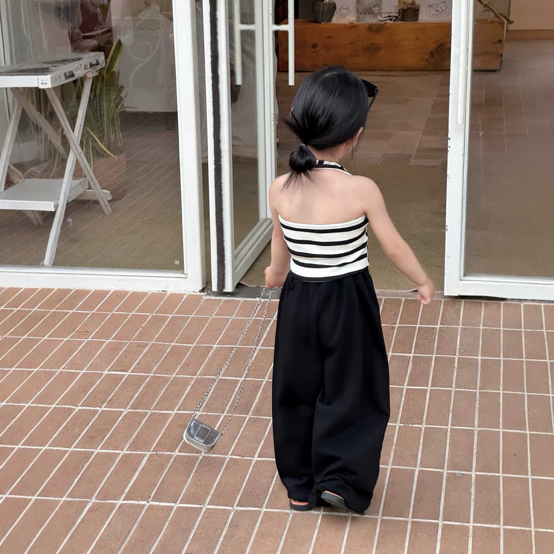 2026 Summer New Korean Style Girls Short Striped Backless Crop Top Halter Vest Spaghetti Strap Tank Top