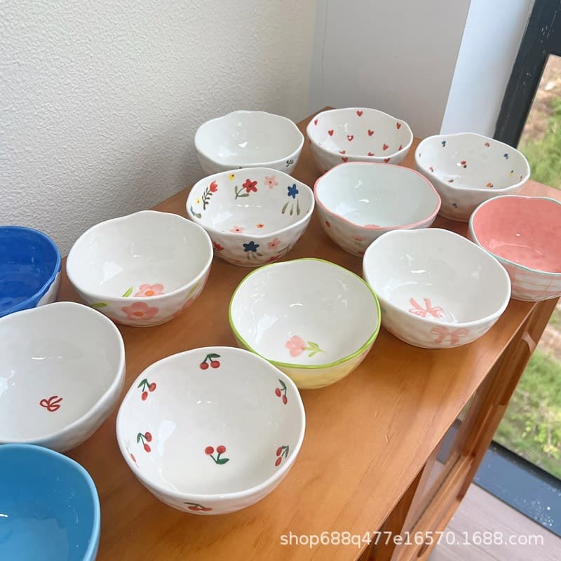 Korean Ins-Style Hand-Painted Irregular Ceramic Bowls and Plates, High Aesthetic Salad Fruit Plates, Snack Bowls