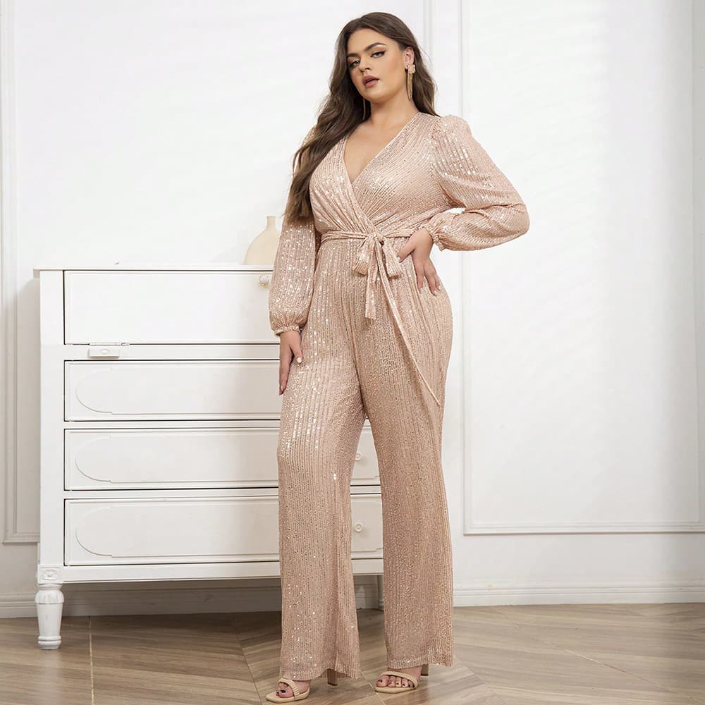 Cross-border spring and autumn new European and American style sexy temperament women's jumpsuit sequined deep V long-sleeved straight jumpsuit