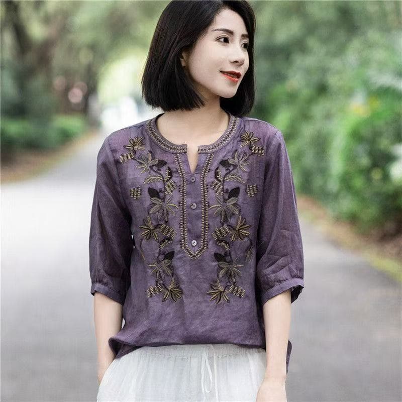 High-end Cotton Linen Embroidered Blouse for Women, Short Sleeve Summer Thin Style, Elegant Mother's Flax Top, Pure Cotton Versatile T-Shirt