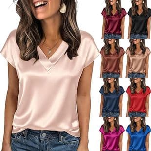 21 Colors In Stock Women's Satin T-Shirt Spring Summer Amazon European and American Fashion New V-Neck Satin Casual Top for Women