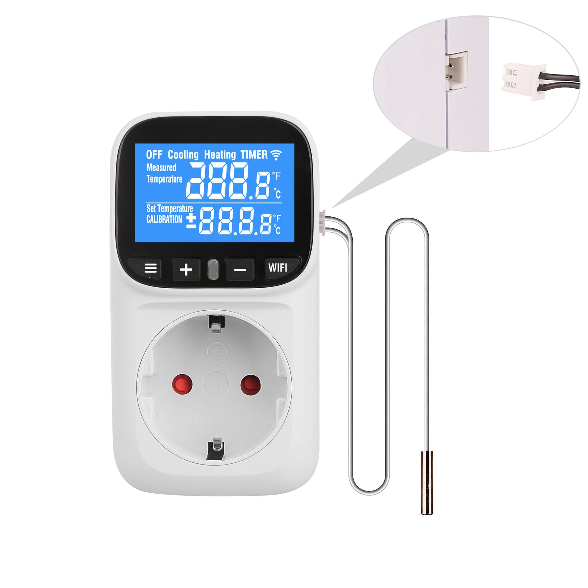 Tuya WiFi European standard back blue light VA thermostat with 2M temperature control probe countdown fish tank greenhouse constant temperature plug