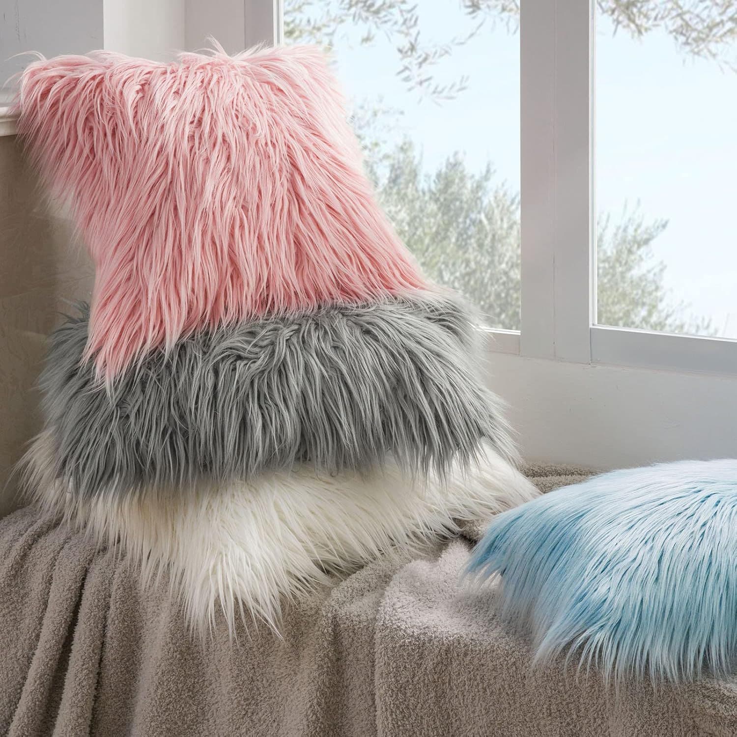 Amazon Fashion Ins Style Solid Color Long Plush Pillow Cover Light Luxury Simple Faux Lambswool Sofa Window Cushion