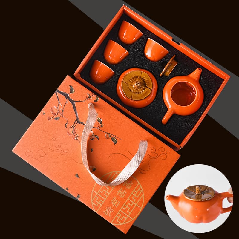 Persimmon Wish Tea Set - Orange Gift Box with Persimmon Teapot and Cups, Corporate Meeting Favors