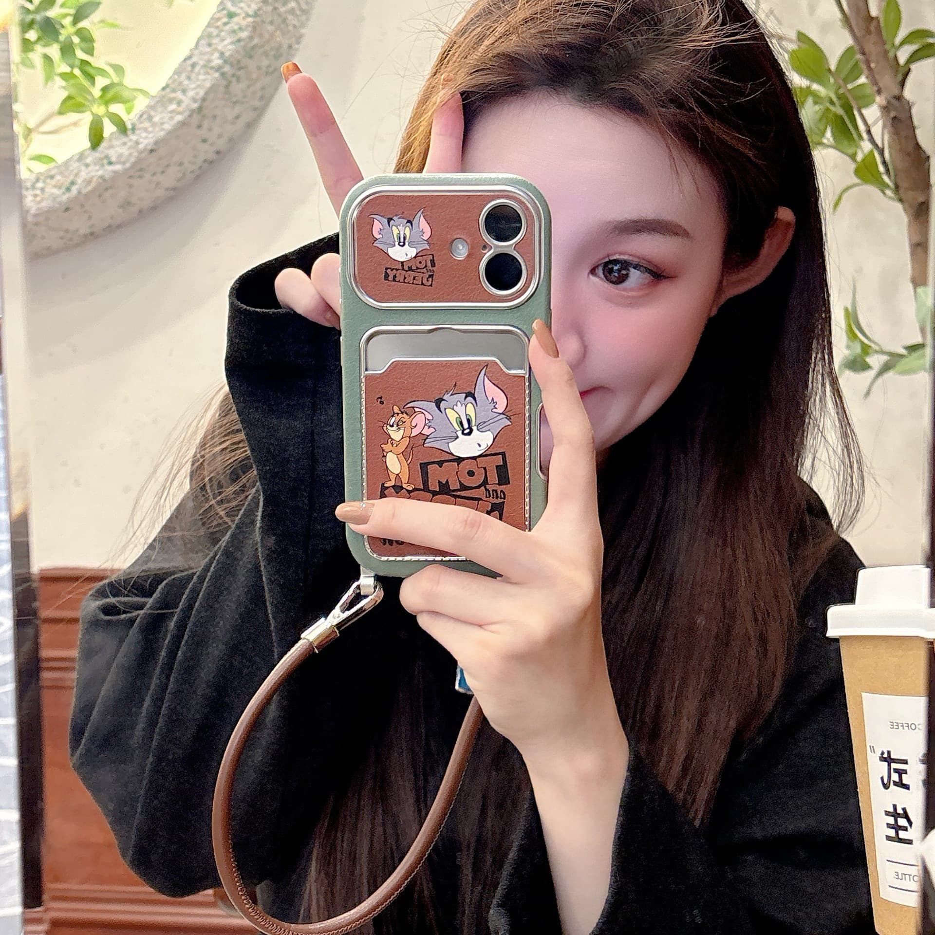 Cartoon Tom and Jerry Compatible iPhone 16 Apple 15 Pro Max Phone Case 14 Wrist Strap 13 Card Holder