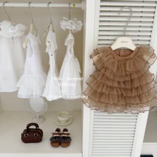 [Le En Baby] Vintage Sweetheart! 2026 Girls Summer Coffee Mesh Cake Princess Backless Dress