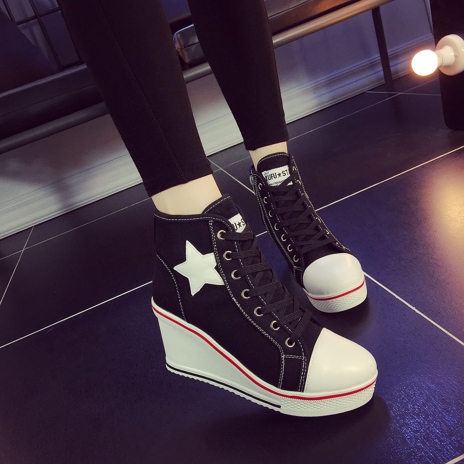 2021 New Wedge Canvas Shoes for Women 8cm Heel Korean Style Zipper Lace-up Plus Size 40-43 Casual Women's Shoes