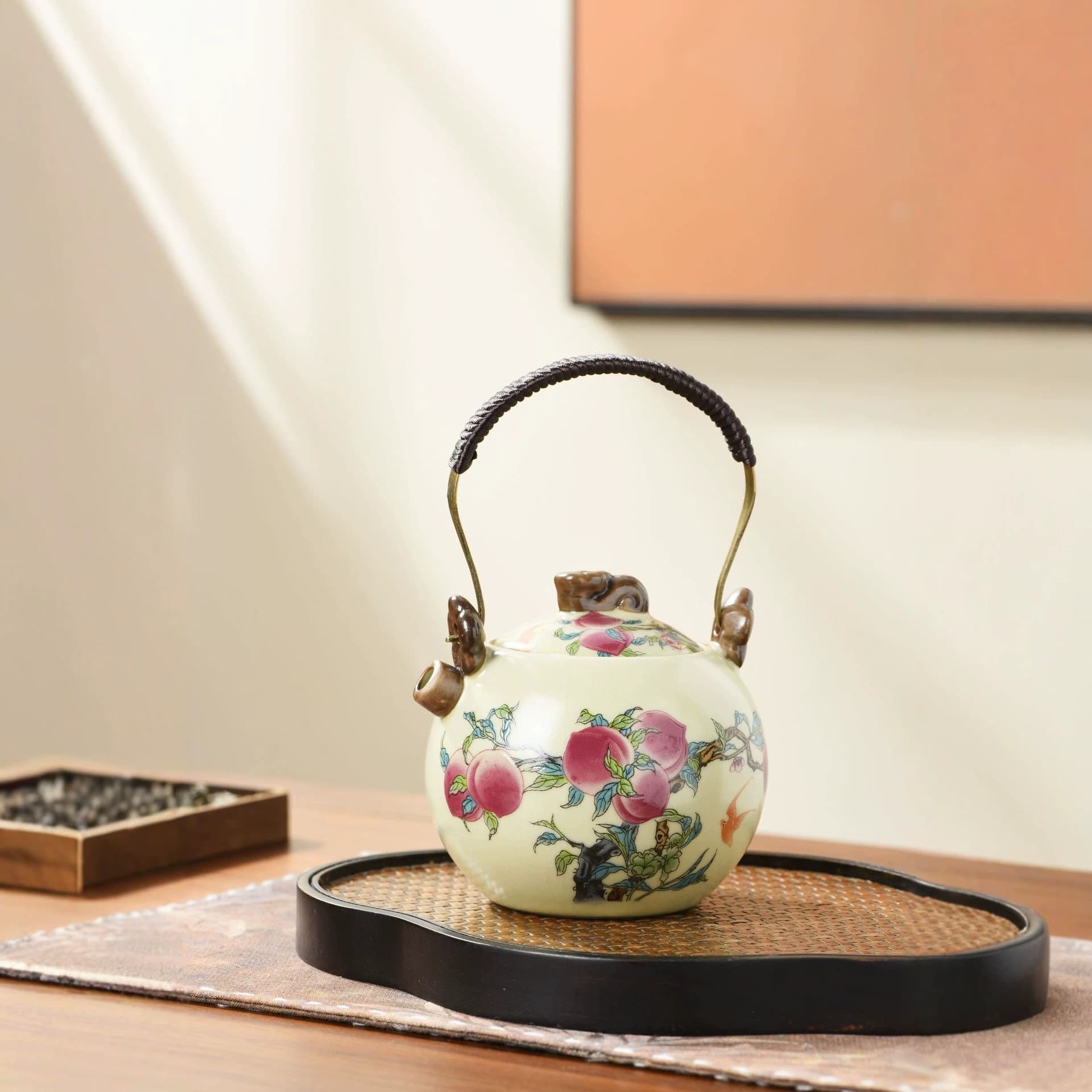 Ru Kiln Nine Peach Series Lifting Handle Teapot, Tea Brewing Vessel, Home Ceramic Teaware, Single Teapot with Crackle Glaze, Developable Teapot