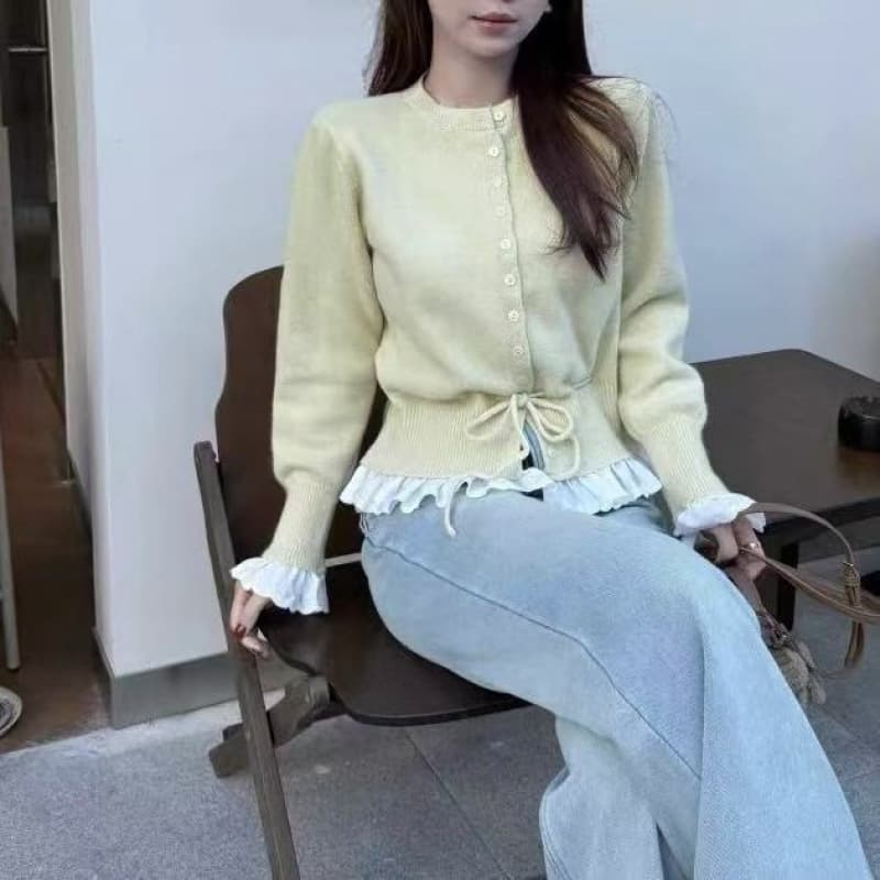 KANING Korean sweet fake two-piece lace trim knitted cardigan for women 2026 autumn new style waist-reducing age-reducing sweater