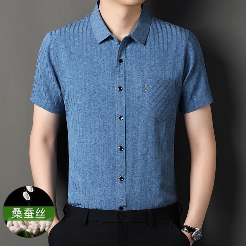 Mulberry silk ice silk thin short-sleeved shirt middle-aged men's summer business casual loose striped half-sleeved shirt for men