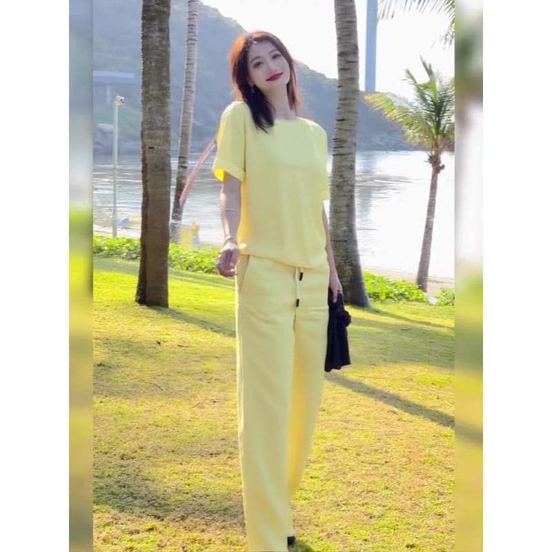 Dreamcore Style Outfit 2025 Summer Simple and Elegant Yellow Medium Sleeve T-Shirt Vest Wide Leg Pants Two-Piece Set for Women