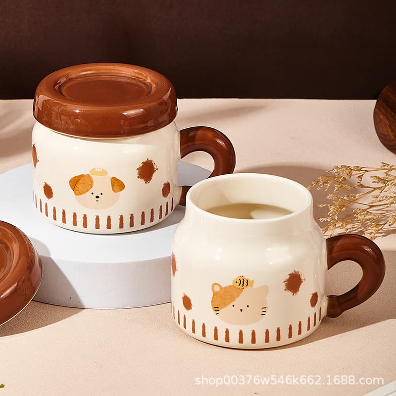 Cute Cartoon Animal Ceramic Mug with Lid and Spoon High Appearance Couple Mug Gift Water Cup
