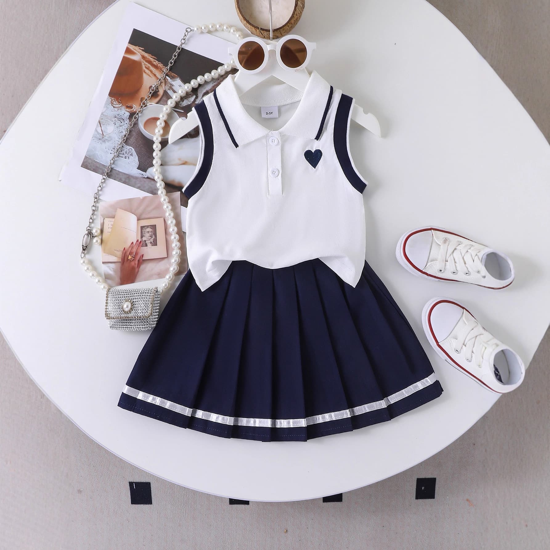 SHEIN cross-border girls' suit summer new European and American girls' suit striped sleeveless vest pleated skirt suit