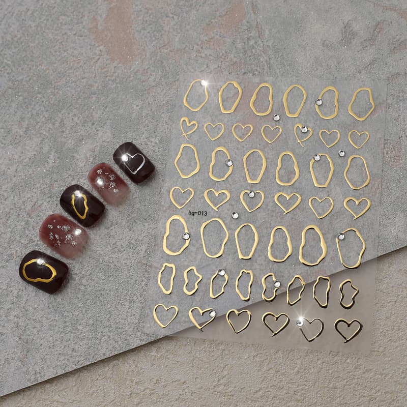 Crystal Diamond Nail Stickers Silver Nail Art Stickers Irregular Border Gold Foil Heart Shape Full Coverage Short Medium Nail Stickers