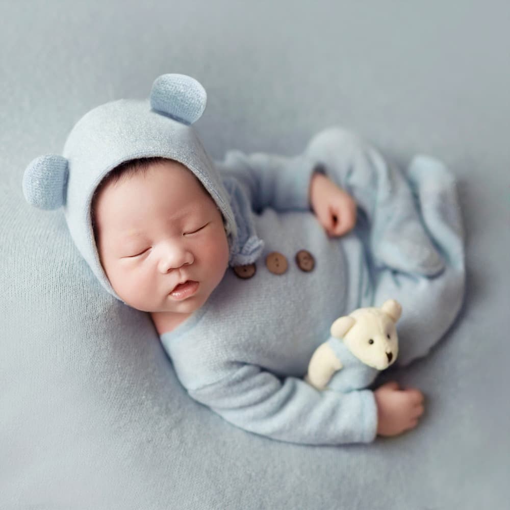 Cross-border Newborn Photography Outfit Baby Soft Knit Romper + Hat + Panda Doll 3-Piece Set