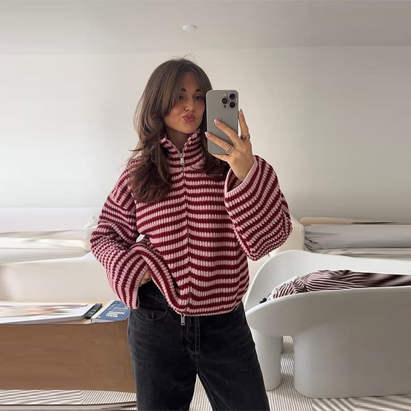 Cross-border Best-selling Striped Stand-collar Zip Knit Fashion Warm Lazy Sweater Coat Women's Clothing European American Wholesale In Stock