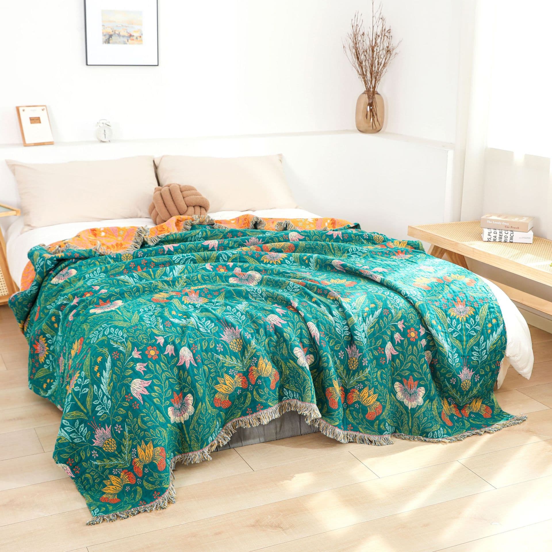 Bamboo Flower Tassel Japanese Sofa Towel Tassel Pure Cotton Gauze Towel Blanket Summer Cool Quilt All-Cotton Bed Cover Nap Leisure Blanket