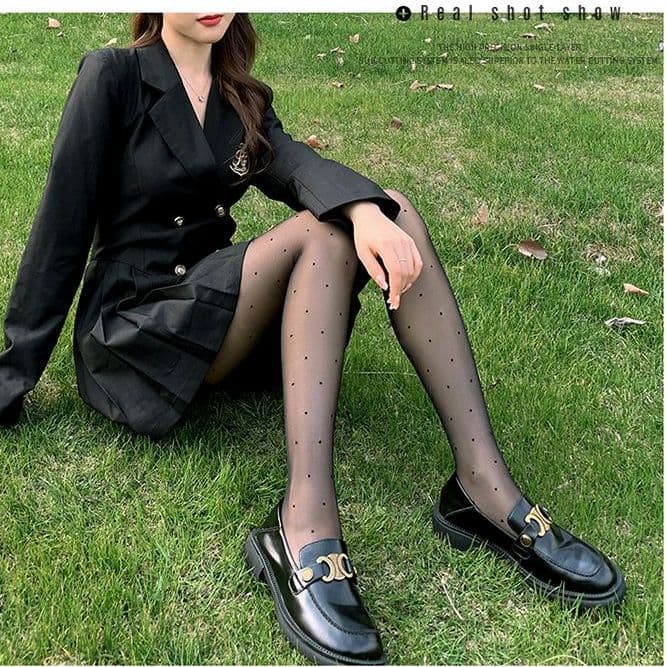 Fleece Polka Dot Pantyhose Women's Flocked Jacquard Autumn Winter Natural Look Anti-Snag Dot Black Tights