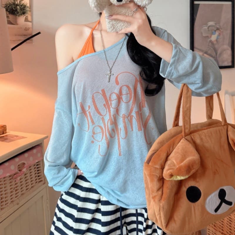 Sweet Girl Letter Print Thin Long-Sleeve Sun Protection Shirt, Summer Inner Layer with Halter Neck Padded Vest, Lazy Two-Piece Set