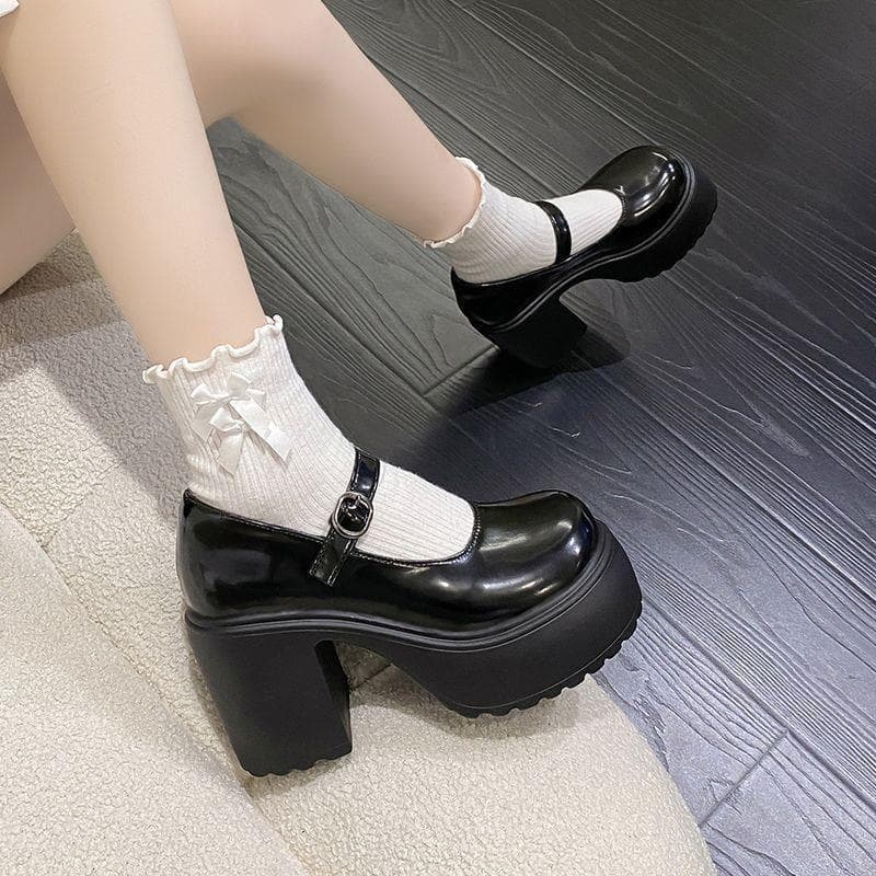 Mary Jane Shoes Women's Thick Sole Platform High Heel Leather Shoes British Chunky Heel Tea Party Witch Shoes Single Shoes Majizhen