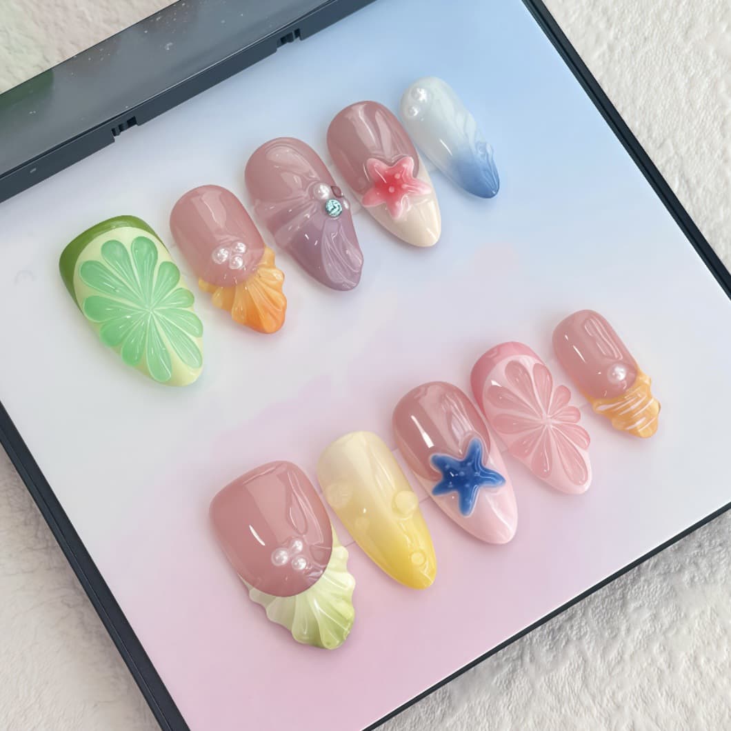 Colorful Ins Dopamine Ultra-Short Almond Press-On Nails Cross-Border 3D Vacation Style Nail Tips European and American Bestseller