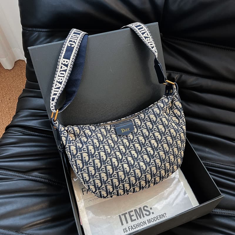 Embroidered Bag with Wide Strap, Crossbody Shoulder Bag for Women, Dumpling Bag, Cross-Border Wholesale Women's Bag, High-End Fabric Bag, Drop Shipping