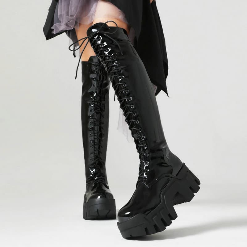 Women's High Knee Boots Knight Boots Dark Black Punk Style Front Lace Up Over-the-Knee Boots Women's Boots