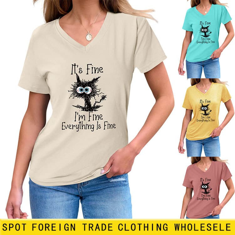 Amazon casual Joker fun ladies V-neck it's fine I'm fine short sleeve T-shirt bottoming wholesale