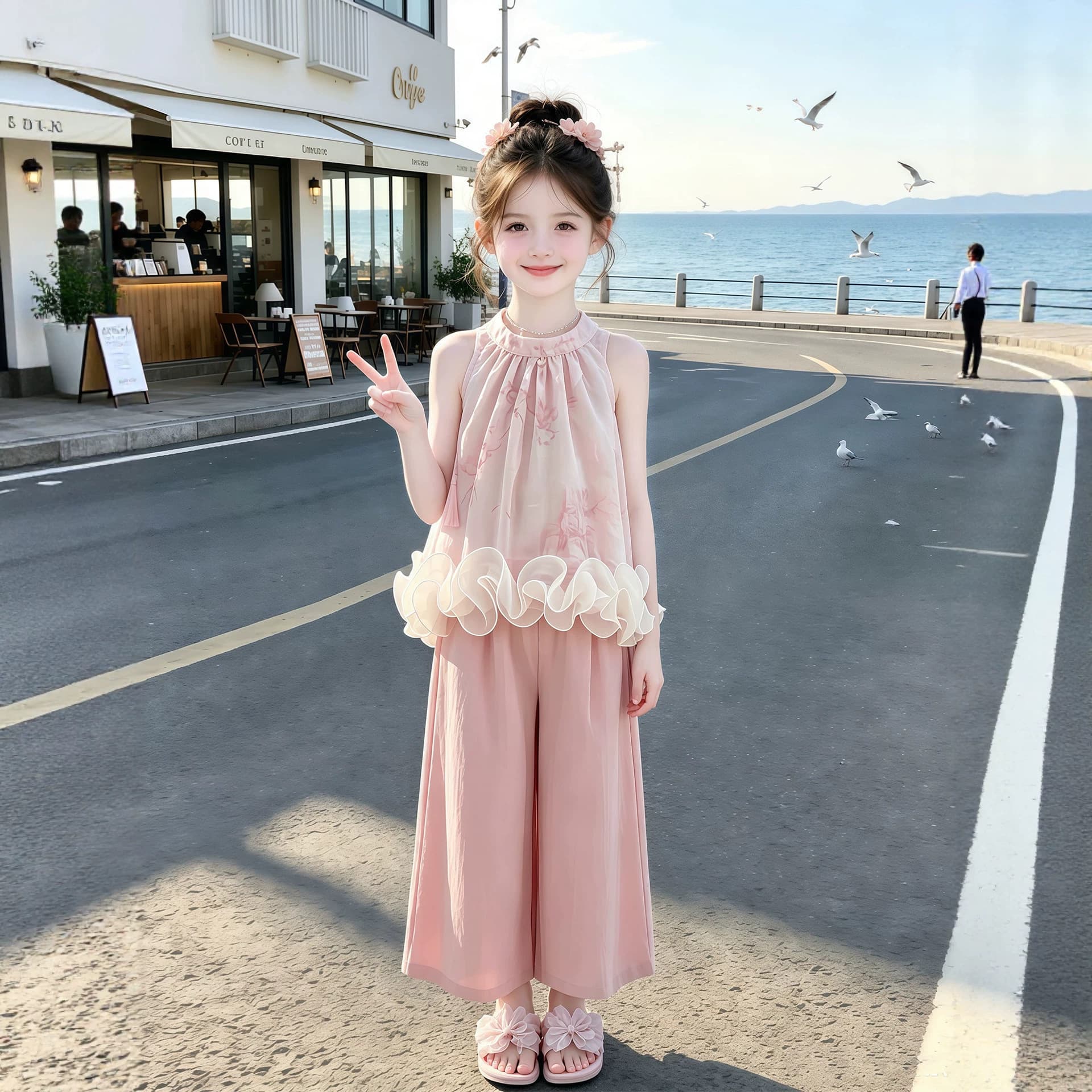 Girls Summer National Style Suit 2026 New Children's Style Lace Halter Top Thin Wide Leg Pants Two-piece Set