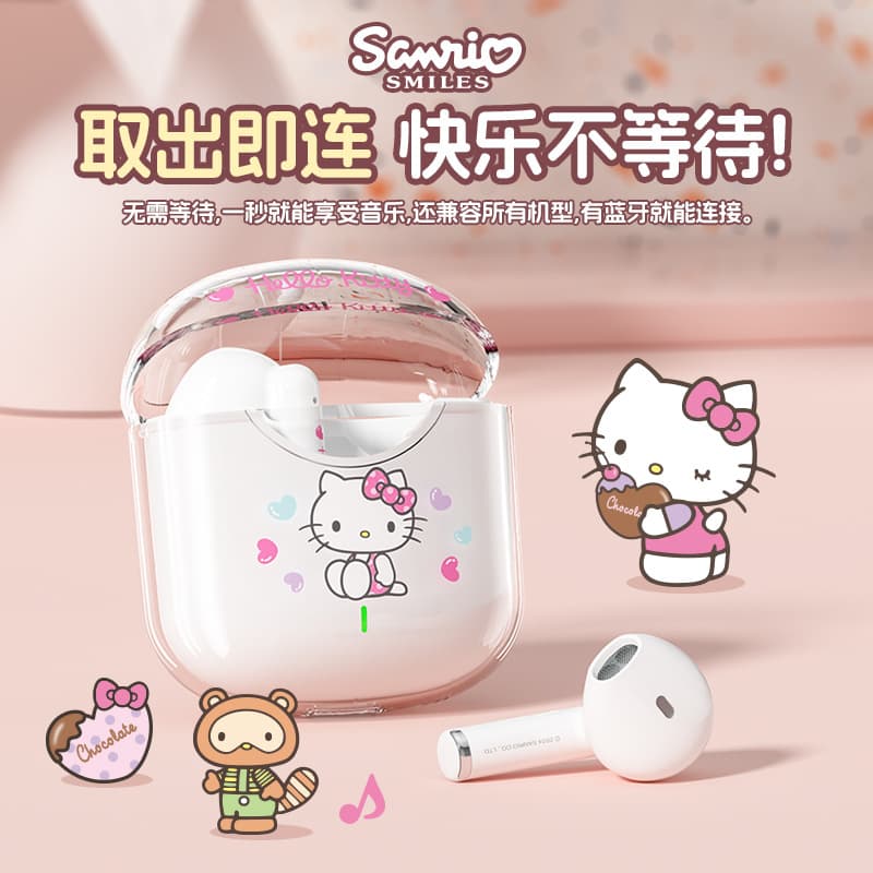 Sanrio Wireless Bluetooth Earphones Transparent Case Cute Cartoon Girls High Aesthetic Value Gaming Style Waterproof Long Battery Life