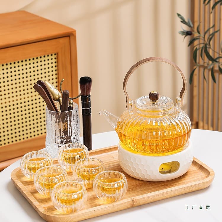 Glass Flower and Fruit Tea Brewing Pot with Candle Warmer, Luxury Afternoon Tea Set, Electric Ceramic Stove