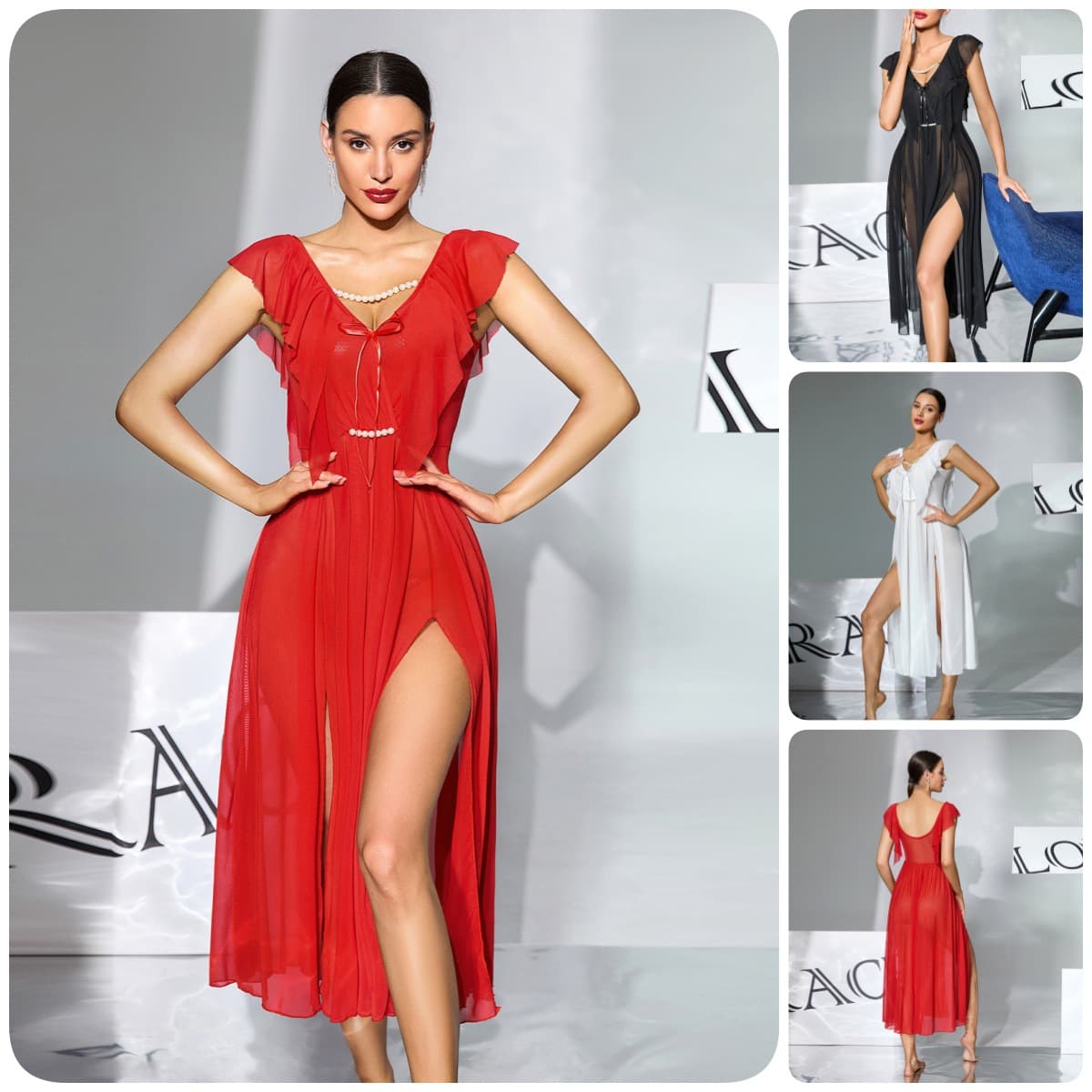 Export Style French Sexy Pearl Chain Nightgown Women Mesh Ruffle V-Neck Slit Sheer Long Nightgown 1163